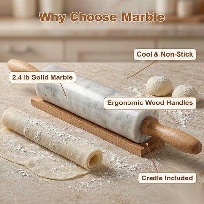 White small Marble Dough Rolling Pin for Baking, 8 inch Barrel