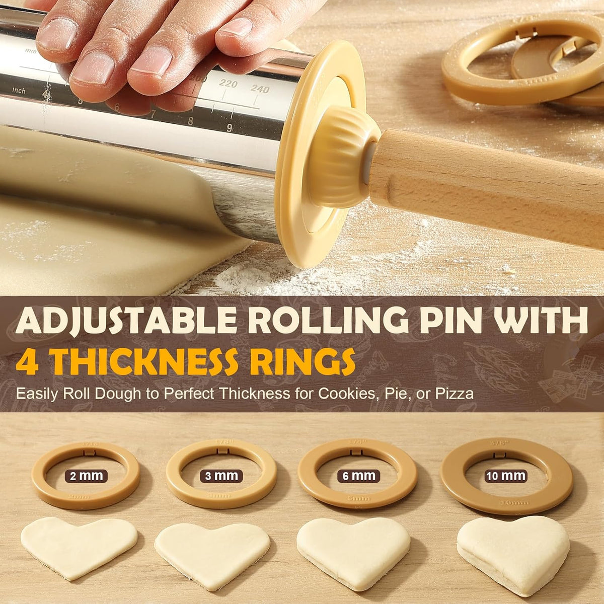 LUSHYUM 304 Stainless Steel Adjustable Rolling Pin with Thickness Rings