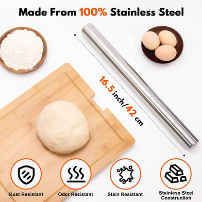 100% Stainless Steel Rolling Pins for Baking 16.5" Large Dough Roller Pin