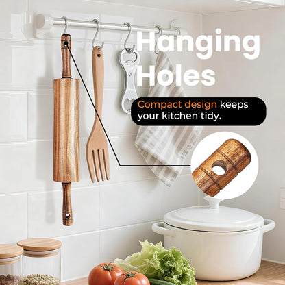 KARRYOUNG Acacia Wood Rolling Pin for Baking, Kitchen Dough Roller With Handles, Rodillo Para Masa, Rolling Pin for Dough, Pizza,Bread, Fondant & Tortilla