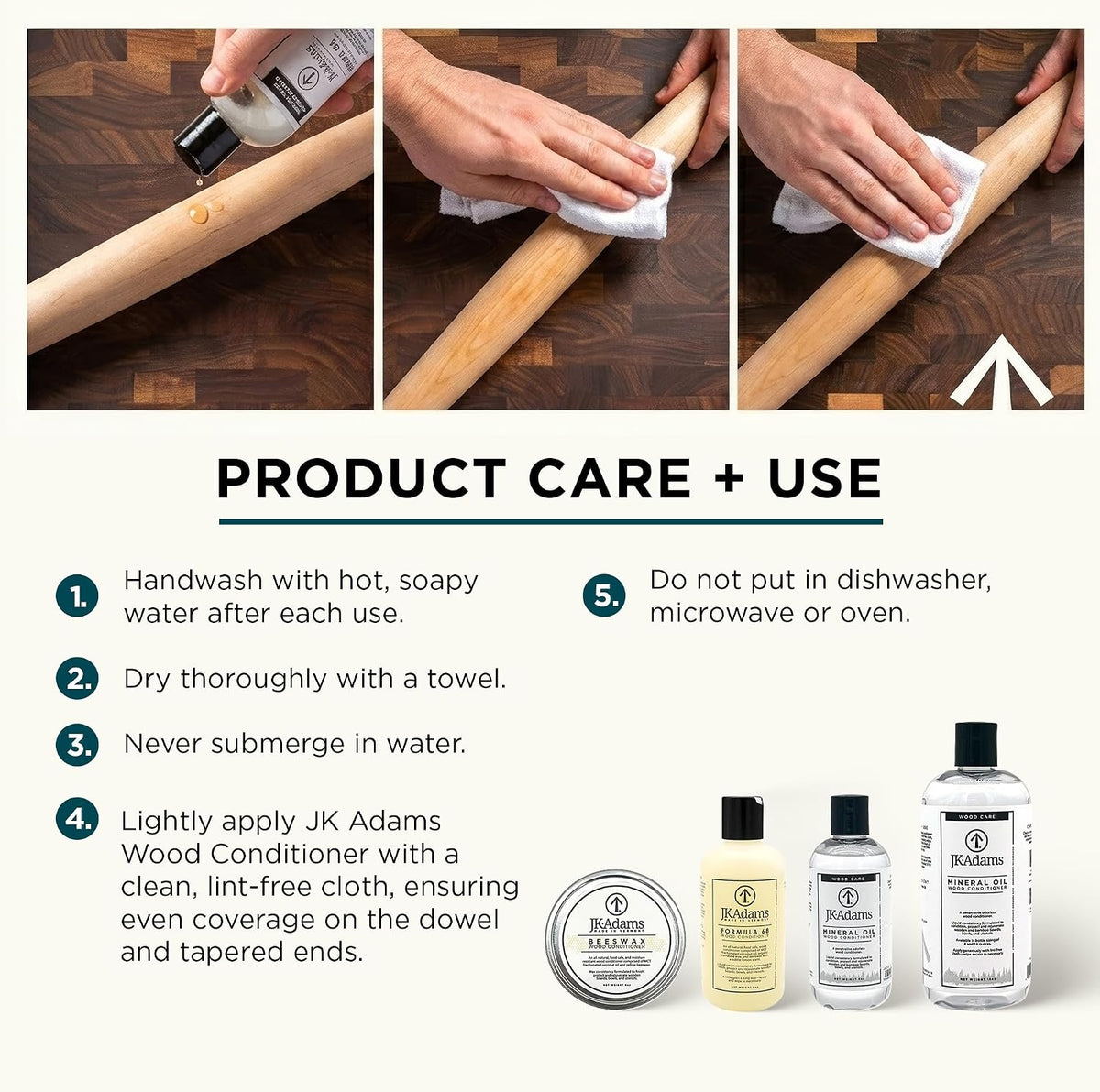 J.K. Adams French Tapered Rolling Pin, Wooden Baking Dowel, 20.5" x 1.75"