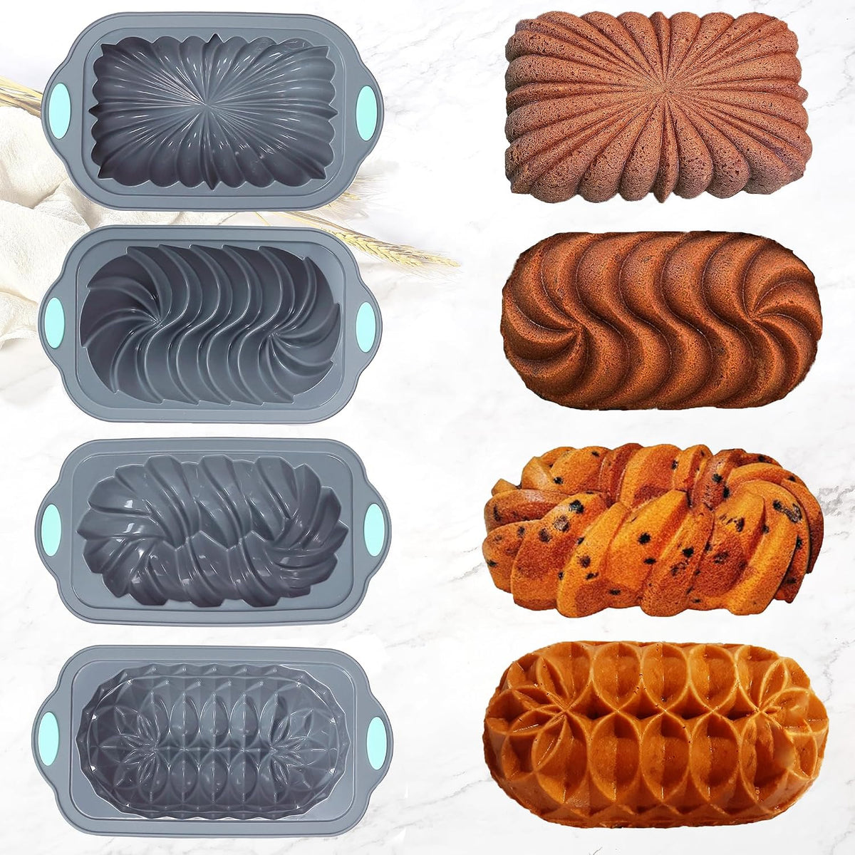 4 Piece Silicone Loaf Pan for Baking Bread, Non-Stick Kitchen Oven Bread Pan, Perfect for Banana Bread, Sandwich Bread, Pound Cake and Meatloaf, 4 Cups, Grey