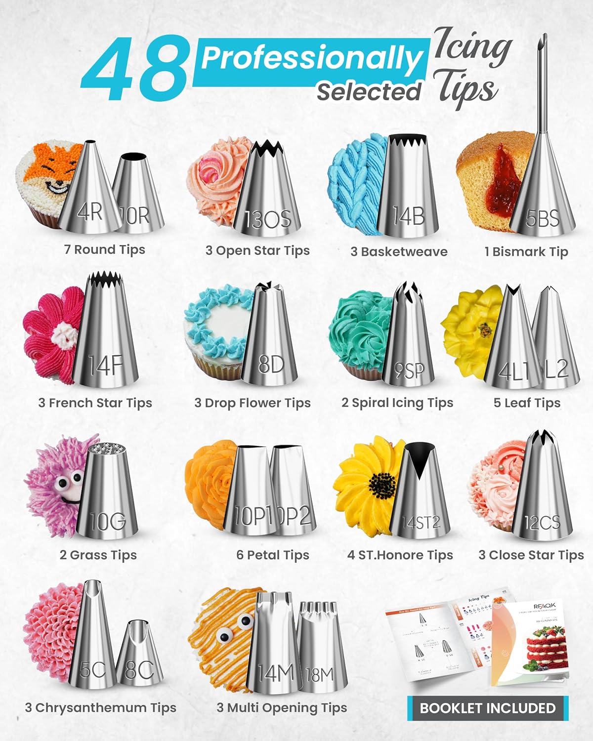 RFAQK 74PCs Icing Piping Bags and Tips Set, Cake Decorating Kit with 48-Numbered Piping Tips, 12inch Anti Burst Pastry Bags, Booklet, E-book & Complete Video Course for Cookie Cupcake Cake Decoration
