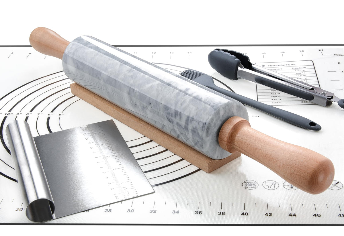 Marble Rolling Pin with Wooden Cradle Thick Handle Set for Baking,18.5 inch Premium Quality Polished Roller for Pizza Dough,Fondant,Pie Crust,Non-Stick Surface Easy to Clean(Black)