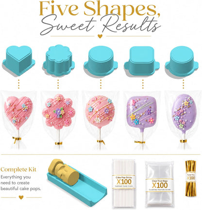 Cake Pop Mold Set,5 Shapes With Tray,100 Sticks Wrappers Ties