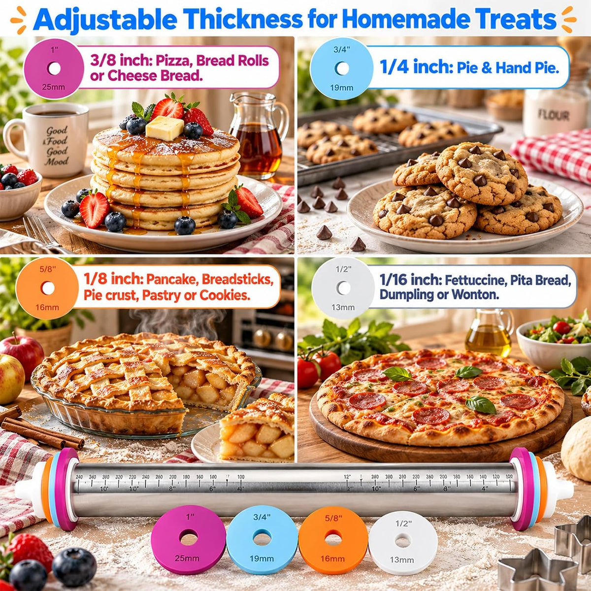 4 Pack Cake Pop Rolling Pin Guides Thickness Rings, Set of 4 Size Dough Spacers (1", 3/4", 5/8", 1/2") for Even Cake Pops, Cookies & Fondant, Compatible with Joseph Joseph 45mm Rolling Pins