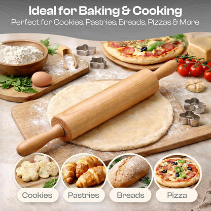 Wooden Rolling Pin, Beech Wood, 17.6" Dough Roller for Baking