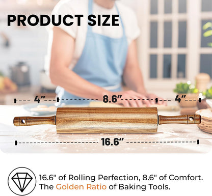 KARRYOUNG Acacia Wood Rolling Pin for Baking, Kitchen Dough Roller With Handles, Rodillo Para Masa, Rolling Pin for Dough, Pizza,Bread, Fondant & Tortilla