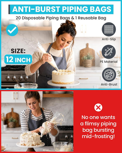 RFAQK 74PCs Icing Piping Bags and Tips Set, Cake Decorating Kit with 48-Numbered Piping Tips, 12inch Anti Burst Pastry Bags, Booklet, E-book & Complete Video Course for Cookie Cupcake Cake Decoration
