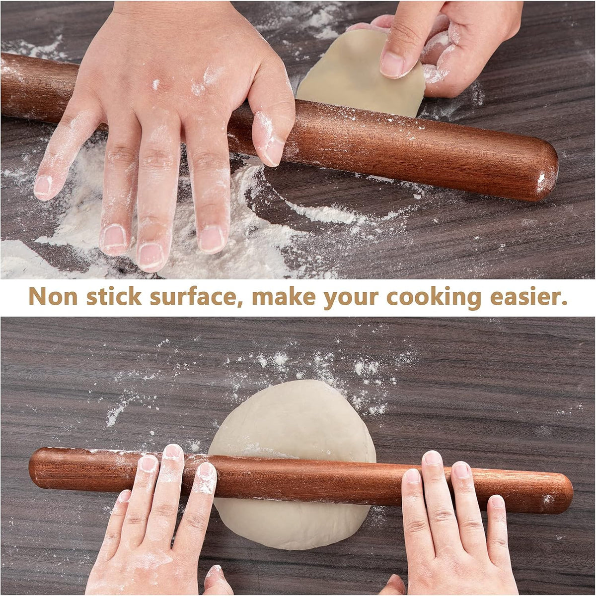 AISOSO French Rolling Pin for Baking,17.7 Inches Wooden Dough Roller,Brown