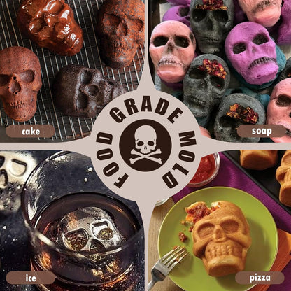 HKNMTT Skull Silicone Baking Pan for Halloween Pizza Cake, 6 Cavities 3D Large Molds, Nonstick Skeleton Head for Soap Ice Tray Oven Safe
