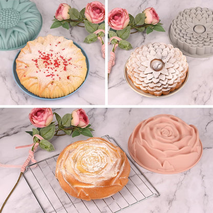 Sakolla 3 Pack Flower Shape Silicone Cake Molds, Large Round Silicone Molds for Baking Cake, Breads, Pies, Tarts (Rose, Chrysanthemum, Sunflower)