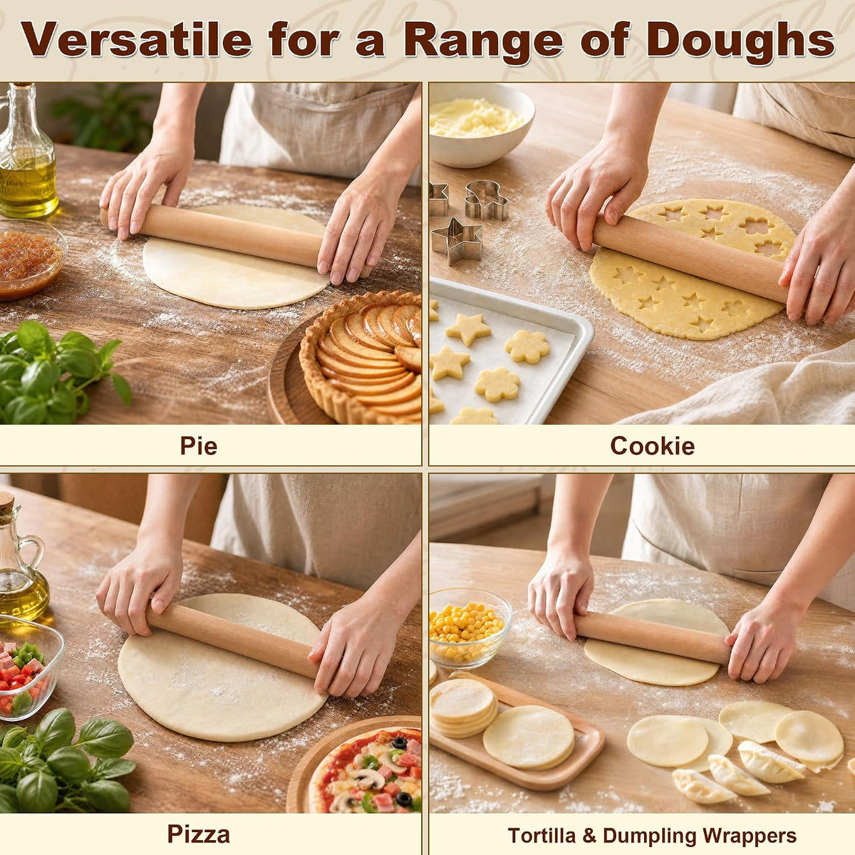 11.8 Inch Beech Wood Rolling Pin, Dough Roller for Baking