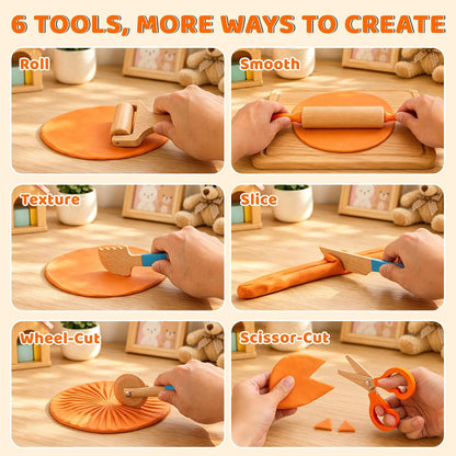 FIIOEOY Wooden Dough Tool Set for Kids, Dough Tools & Number Shape Stamps