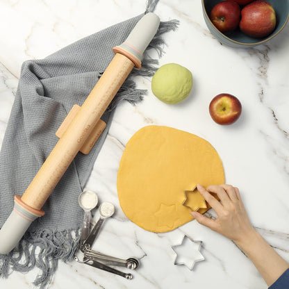 Geesta Adjustable Wood Rolling Pin with 5 Thickness Rings, Precise Dough Roller Handle Press Design with Measurement Guide for Fondant, Pizza, Pie Crust, Cookie, Pastry Baking Decorating Accessories