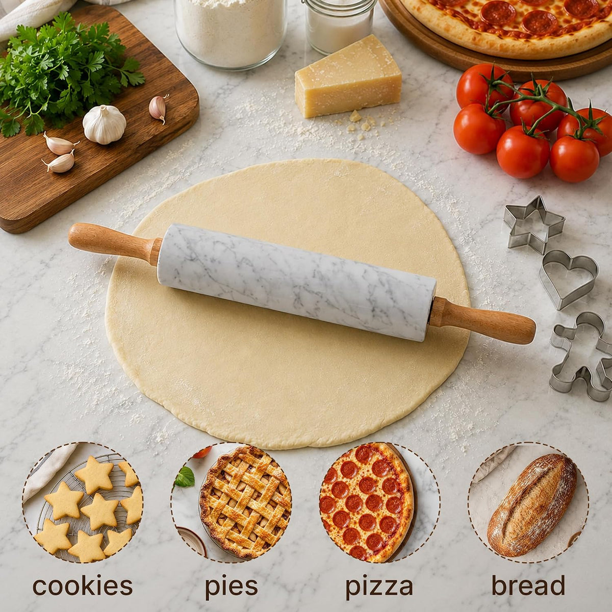 Zulay Kitchen 17-Inch Marble Rolling Pin With Stand - Polished Marble Rolling Pins For Baking With Long Beechwood Handle - Non-stick Roller Pin For Baking Pastries, Bread & Pizza