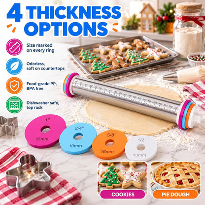 4 Pack Rolling Pin Guide Rings, Dough Thickness Spacer Guides, 0.75" Center Hole, 4 Sizes Metric & Imperial Baking Accessories, Compatible with Adjustable Rolling Pins