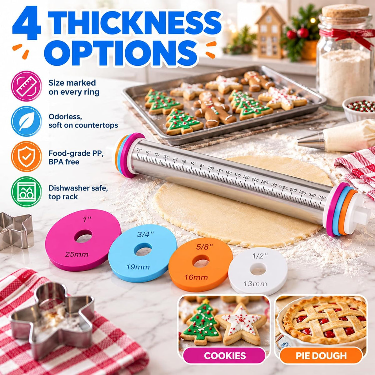 4 Pack Cake Pop Rolling Pin Guides Thickness Rings, Set of 4 Size Dough Spacers (1", 3/4", 5/8", 1/2") for Even Cake Pops, Cookies & Fondant, Compatible with Joseph Joseph 45mm Rolling Pins