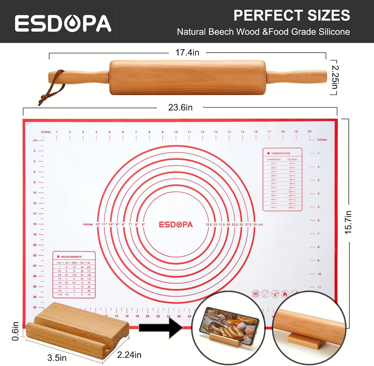 Classic Wood Rolling Pin - Wooden Rolling Pins for Baking Silicone Mat Set, Dough Roller with Wood Base, Fondant Roller for Pie Crust Cookies Pizza Dough and Bread, 17 Inch