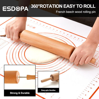 Classic Wood Rolling Pin - Wooden Rolling Pins for Baking Silicone Mat Set, Dough Roller with Wood Base, Fondant Roller for Pie Crust Cookies Pizza Dough and Bread, 17 Inch