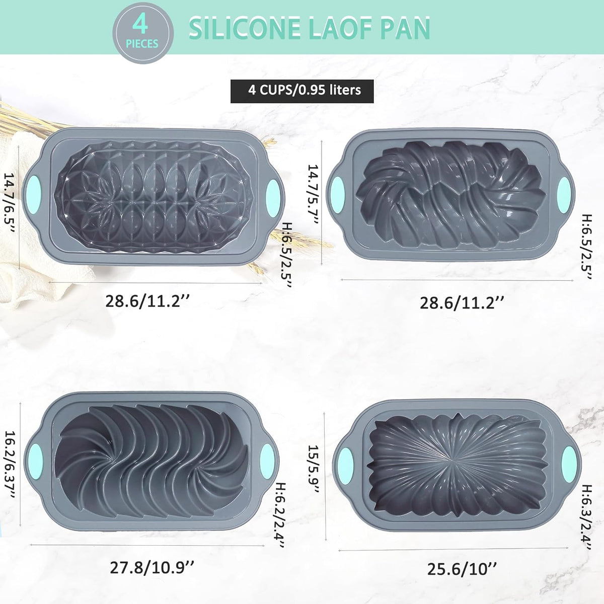 4 Piece Silicone Loaf Pan for Baking Bread, Non-Stick Kitchen Oven Bread Pan, Perfect for Banana Bread, Sandwich Bread, Pound Cake and Meatloaf, 4 Cups, Grey