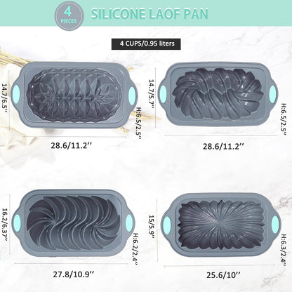 4 Piece Silicone Loaf Pan for Baking Bread, Non-Stick Kitchen Oven Bread Pan, Perfect for Banana Bread, Sandwich Bread, Pound Cake and Meatloaf, 4 Cups, Grey