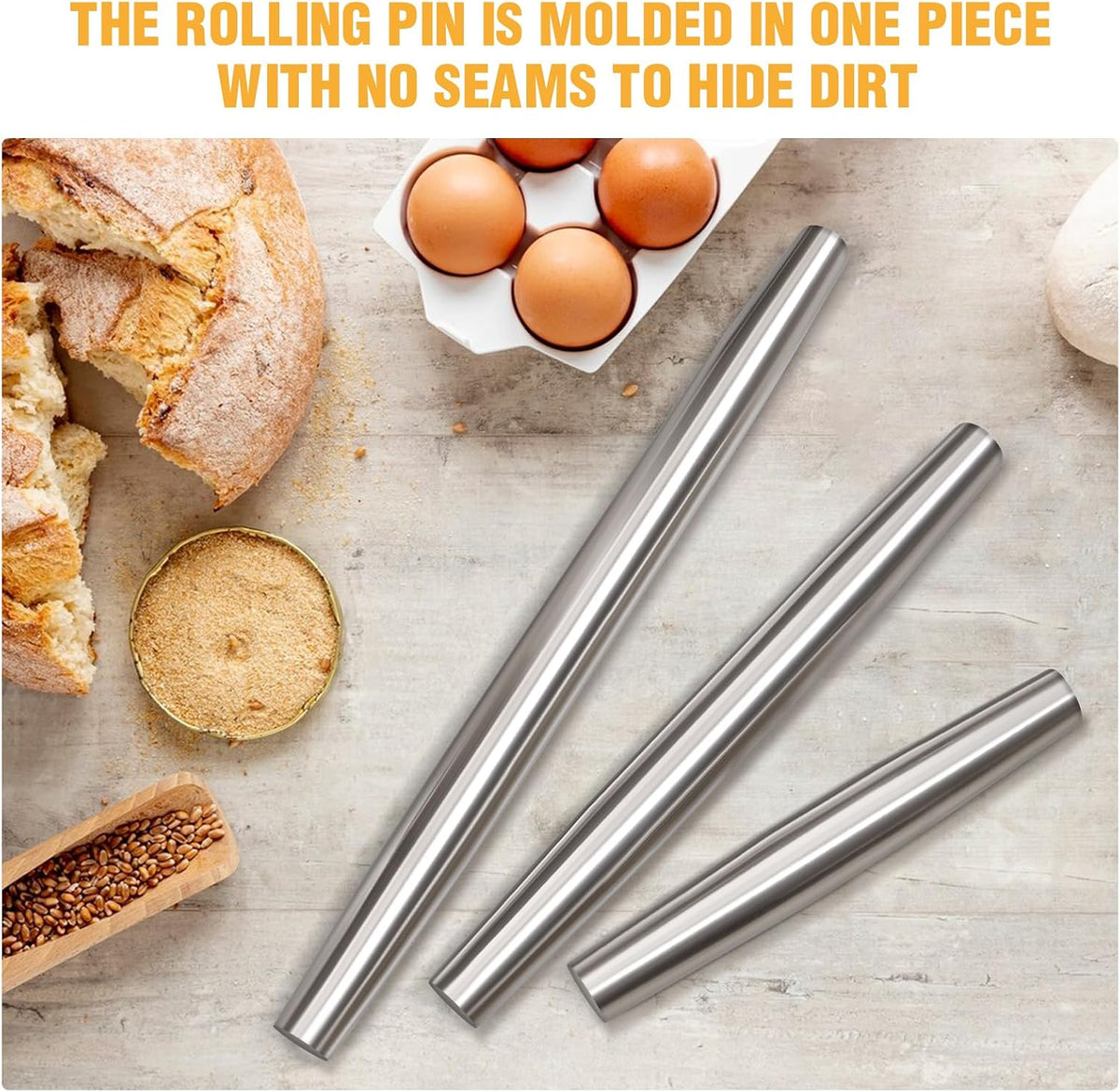 AMUZHI Smooth Seamless Stainless Steel Rolling Pin, 12.8 Inch