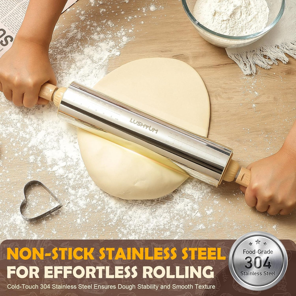 LUSHYUM 304 Stainless Steel Adjustable Rolling Pin with Thickness Rings
