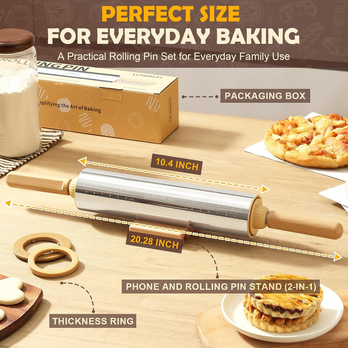 LUSHYUM 304 Stainless Steel Adjustable Rolling Pin with Thickness Rings