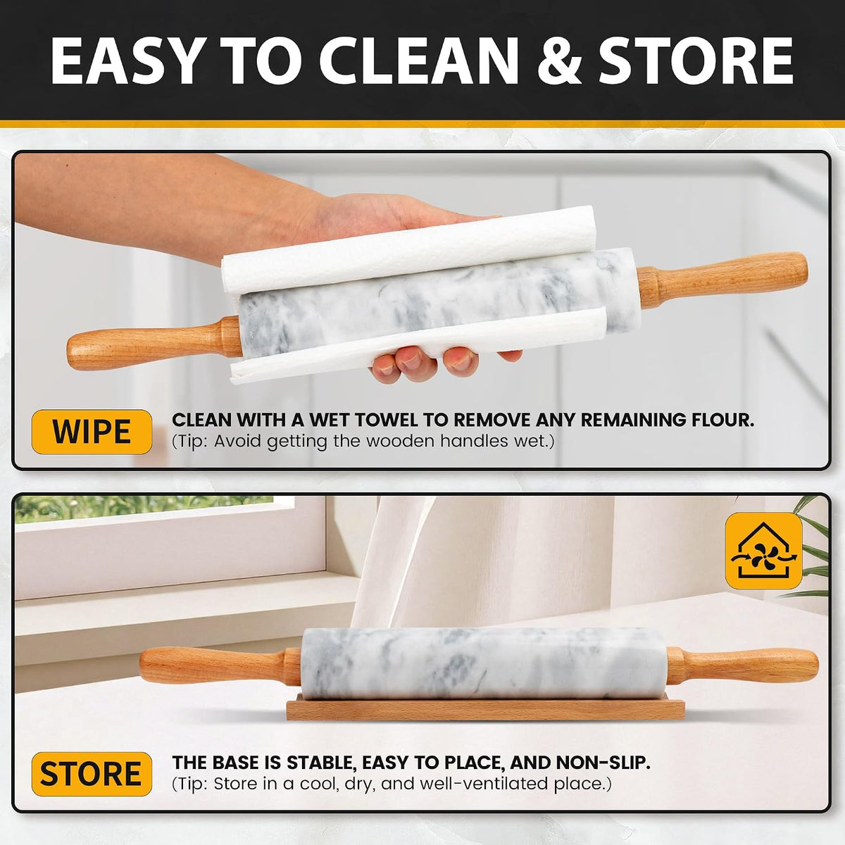 16.7 Inches Marble Rolling Pin for Baking with Wooden Handles & Wooden Cradle - Rolling Pin for making Pizza Dough & Tortillas, Dough Roller for Pasta, Cookie, Pie Crust and More!