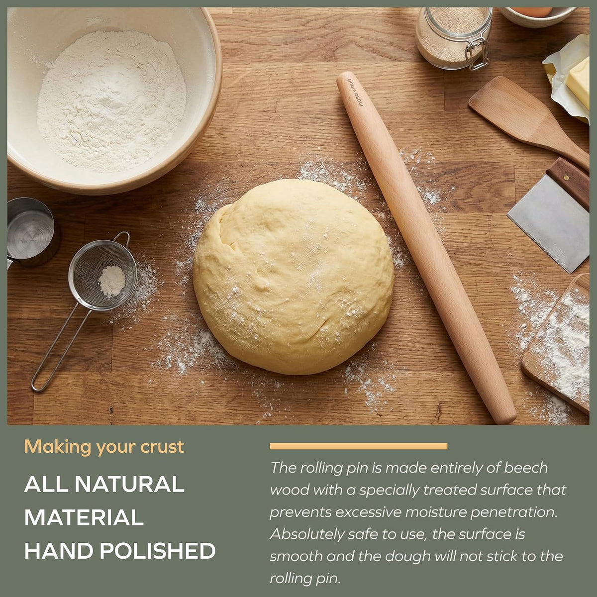 muso wood Wooden Rolling Pin for Baking, Beech Wood Tapered Rolling Pin