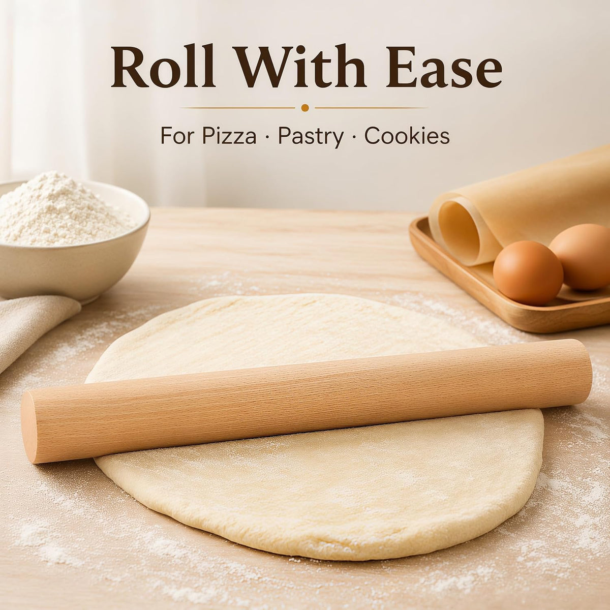 16.9 Inch Large Beech Wood Rolling Pin, French Dough Roller for Baking