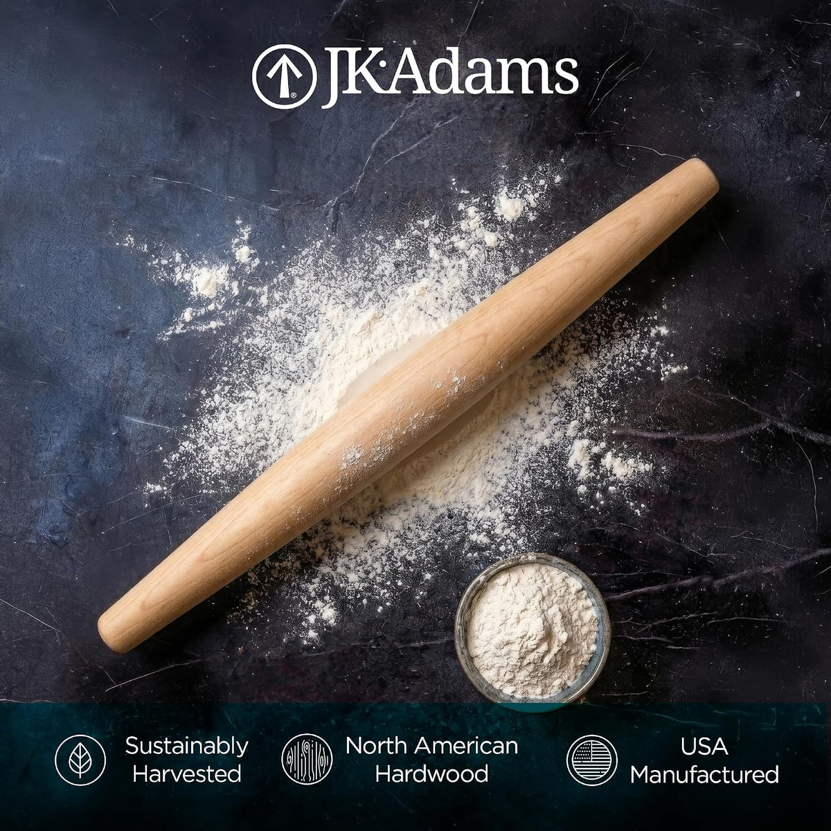 J.K. Adams French Tapered Rolling Pin, Wooden Baking Dowel, 20.5" x 1.75"